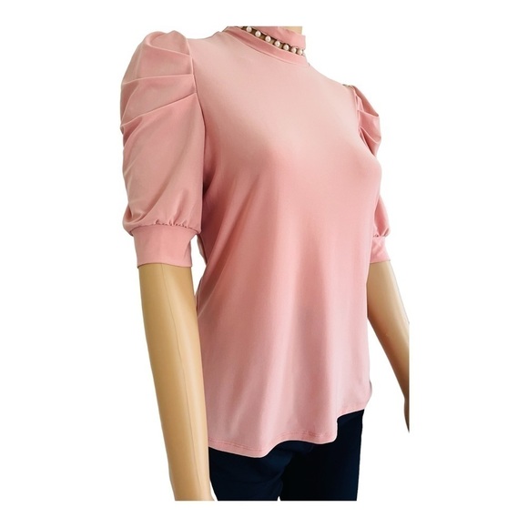 AUW pastel pink top S short ruched sleeves turtleneck faux pearl detail buttons - Picture 4 of 12